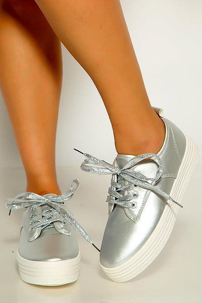 Silver White Lace Up Metallic Platform Sneakers - AMIClubwear