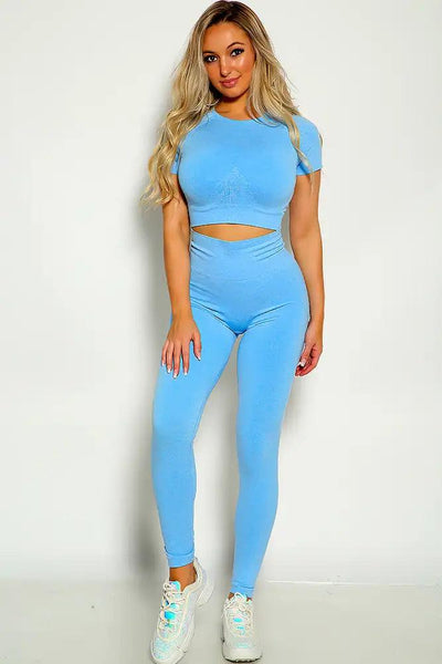 Sky Blue Short Sleeve Cropped Two Piece Contouring Active Wear Set - AMIClubwear