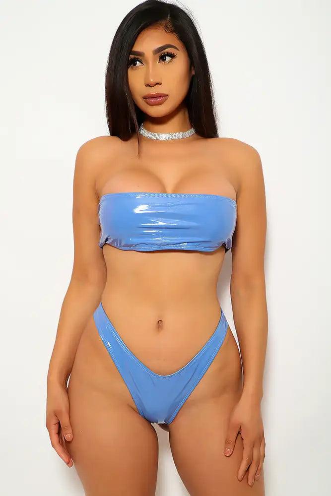 Slate Blue Faux Leather Strapless Two Piece Swimsuit - AMIClubwear