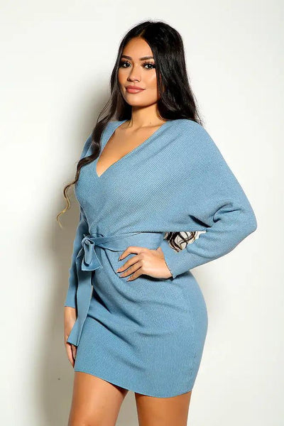 Slate Blue Long Sleeve Cozy Knit Sweater Dress - AMIClubwear