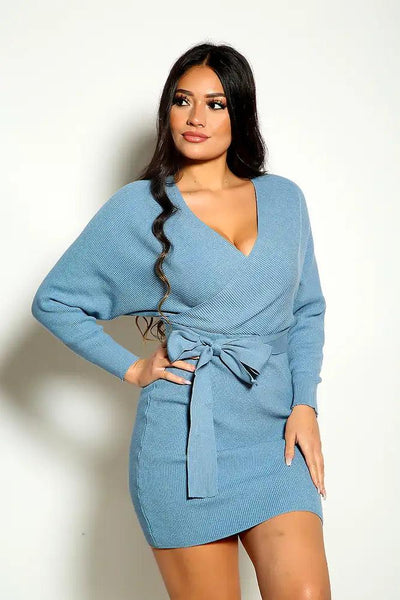 Slate Blue Long Sleeve Cozy Knit Sweater Dress - AMIClubwear