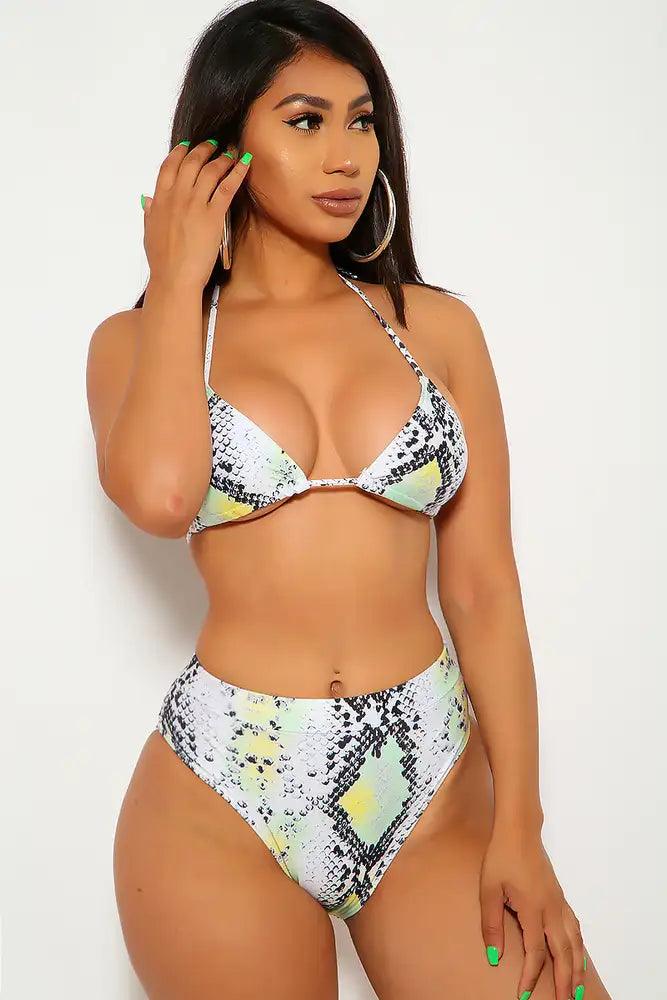 Snake Lime Print High Waist Two Piece Swimsuit - AMIClubwear