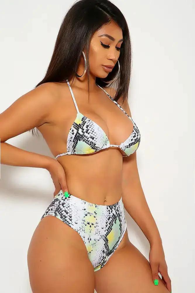 Snake Lime Print High Waist Two Piece Swimsuit