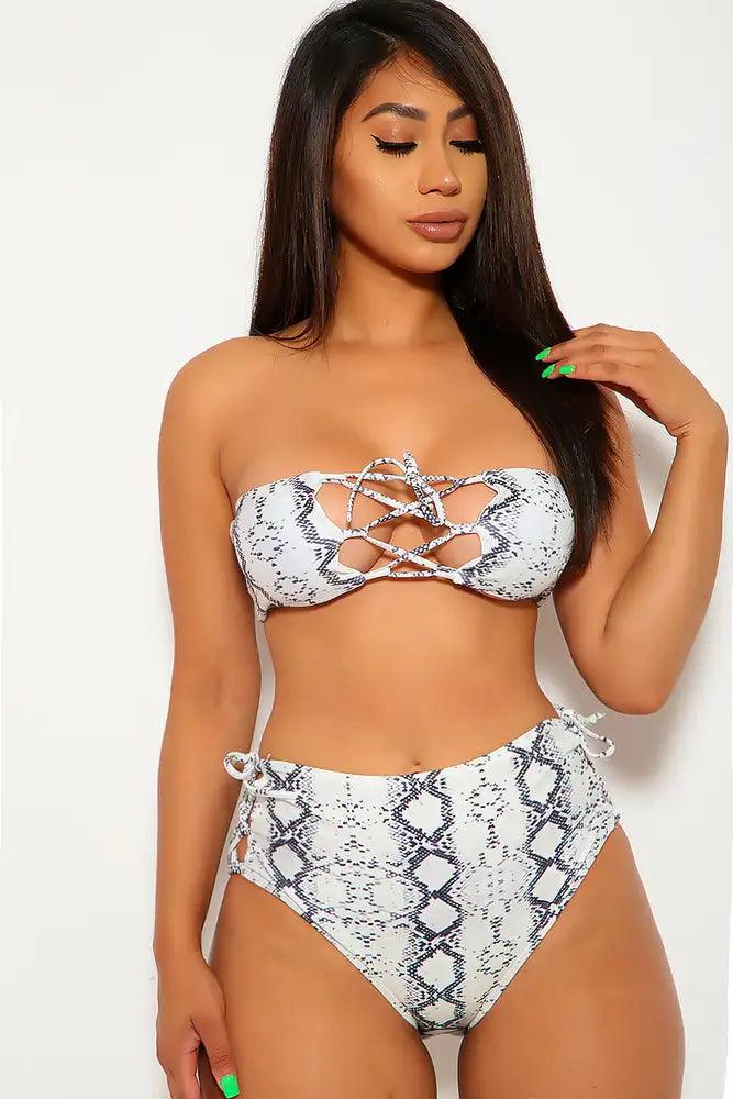 Snake Lime Print Lace Up Two Piece Swimsuit - AMIClubwear