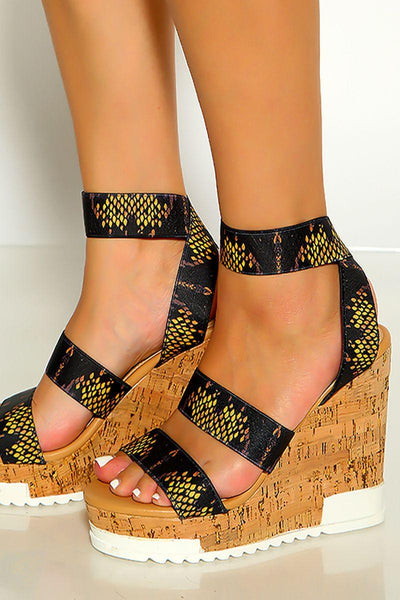 Snake Open Toe Strappy Elastic Slip On Platform Wedges - AMIClubwear