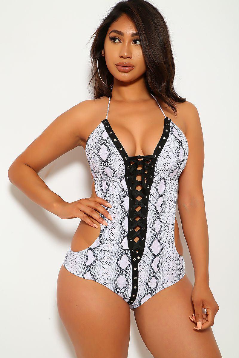 Snake Print Lace Up One Piece Swimsuit - AMIClubwear