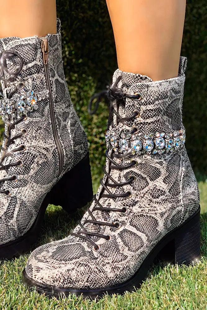 Snake Print Lace Up Rhinestone Accent Booties - AMIClubwear