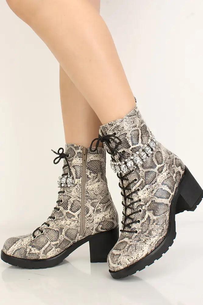 Snake Print Lace Up Rhinestone Accent Booties - AMIClubwear