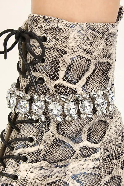 Snake Print Lace Up Rhinestone Accent Booties - AMIClubwear