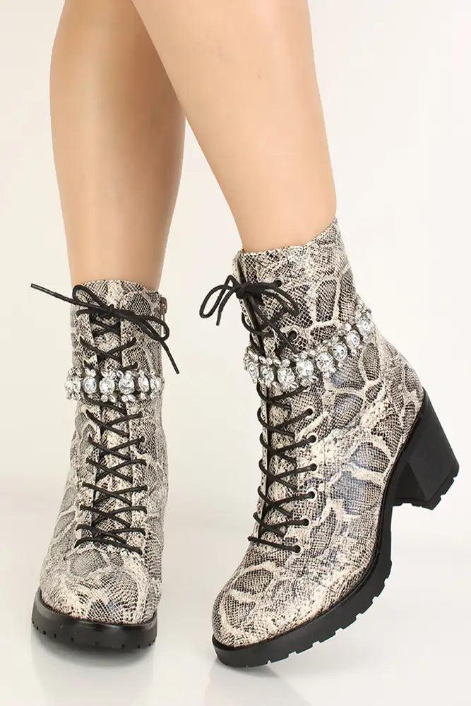 Snake Print Lace Up Rhinestone Accent Booties - AMIClubwear