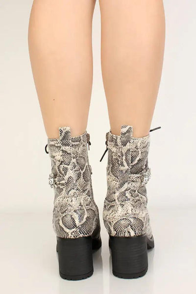 Snake Print Lace Up Rhinestone Accent Booties - AMIClubwear