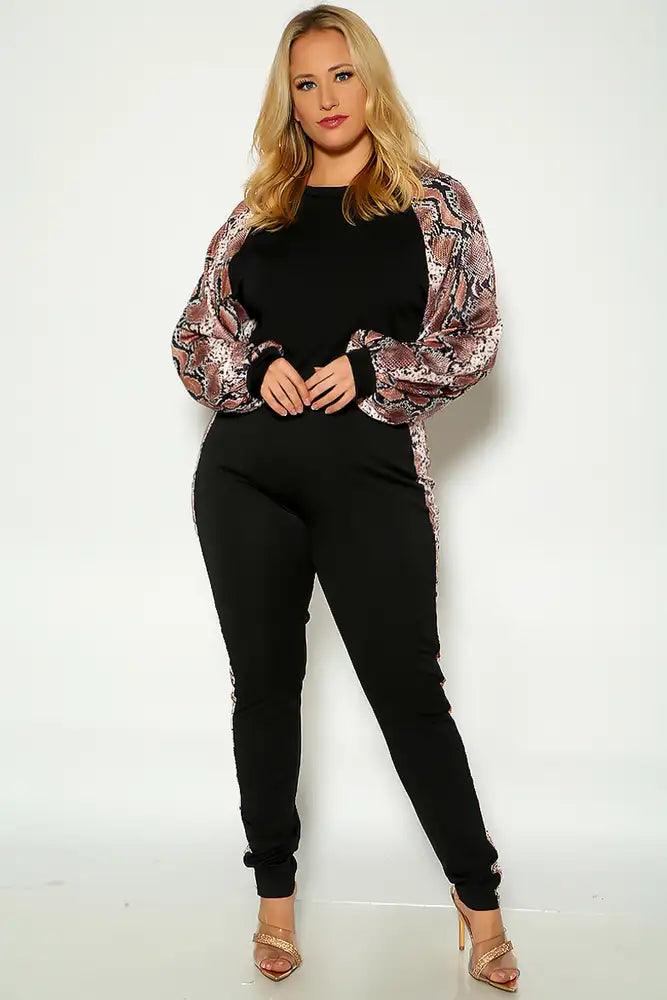 Snake Print Long Sleeve Plus Size Two Piece Outfit - AMIClubwear