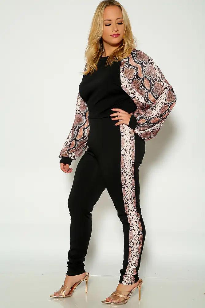 Snake Print Long Sleeve Plus Size Two Piece Outfit - AMIClubwear