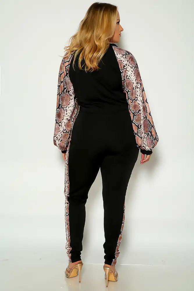 Snake Print Long Sleeve Plus Size Two Piece Outfit - AMIClubwear