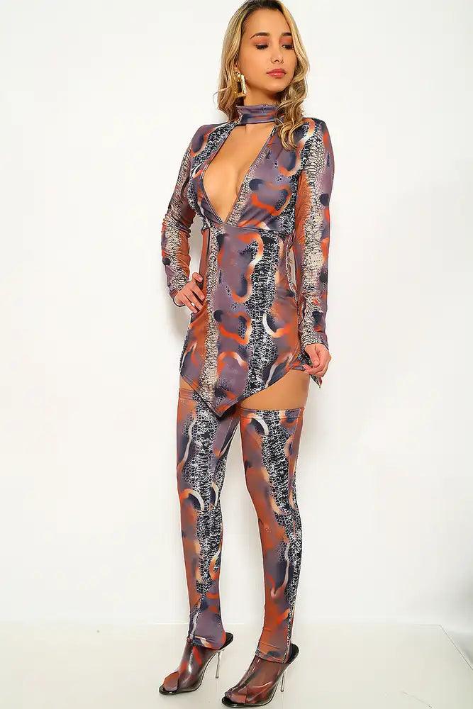 Snake Print Long Sleeve Two Piece Dress - AMIClubwear