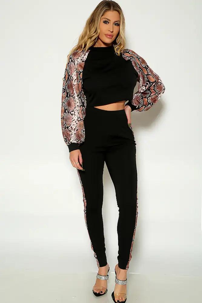 Snake Print Long Sleeve Two Piece Outfit - AMIClubwear