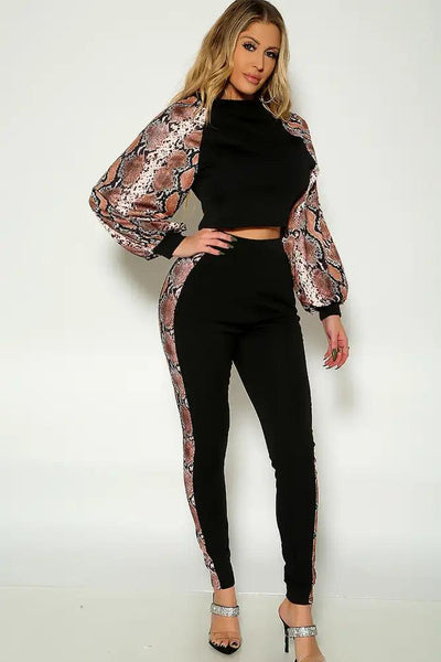 Snake Print Long Sleeve Two Piece Outfit - AMIClubwear