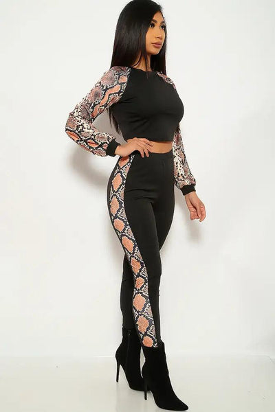 Snake Print Long Sleeve Two Piece Outfit - AMIClubwear