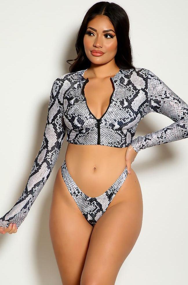 Snake Print Long Sleeve Two Piece Swimsuit - AMIClubwear