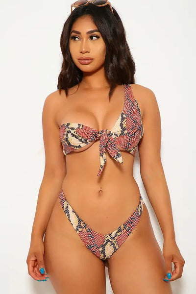Snake Print One Shoulder High Waist Cheeky Two Piece Swimsuit - AMIClubwear