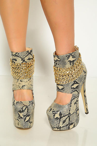 Snake Print Pattern Gold Chains Zip Up Party Platform Booties - AMIClubwear