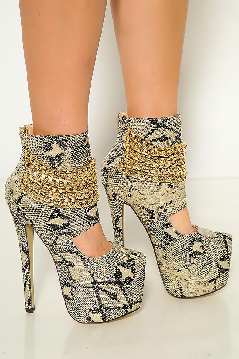 Snake Print Pattern Gold Chains Zip Up Party Platform Booties - AMIClubwear