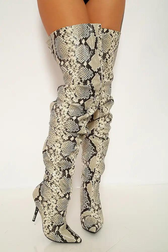 Snake Print Pointy Toe Thigh High Heel Boots - AMIClubwear