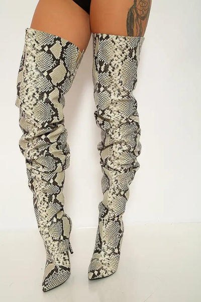 Snake Print Pointy Toe Thigh High Heel Boots - AMIClubwear