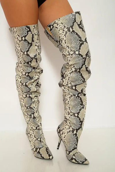 Snake Print Pointy Toe Thigh High Heel Boots - AMIClubwear