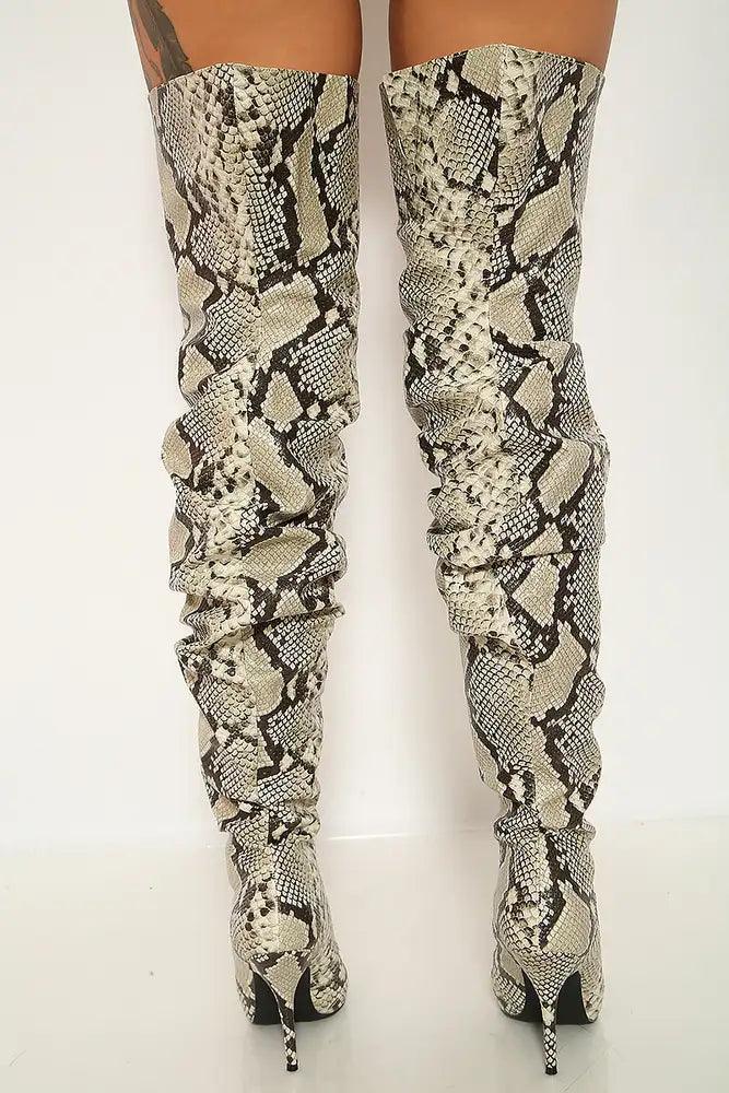 Snake Print Pointy Toe Thigh High Heel Boots - AMIClubwear