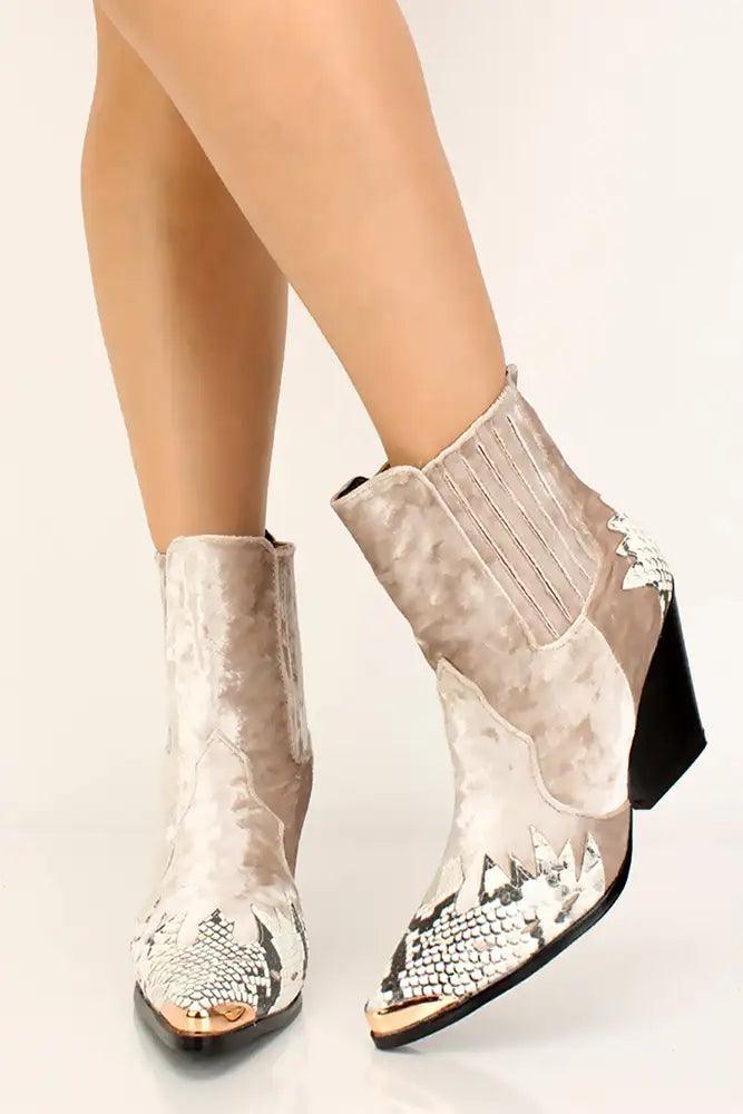 Snake Print Velvet Pointy Toe Booties - AMIClubwear