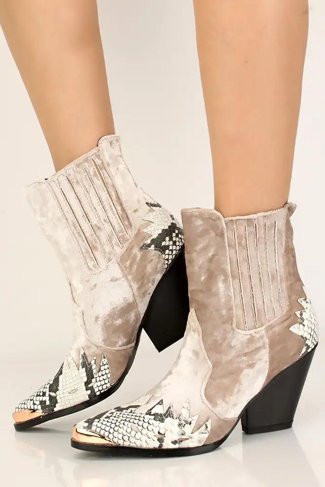 Snake Print Velvet Pointy Toe Booties - AMIClubwear