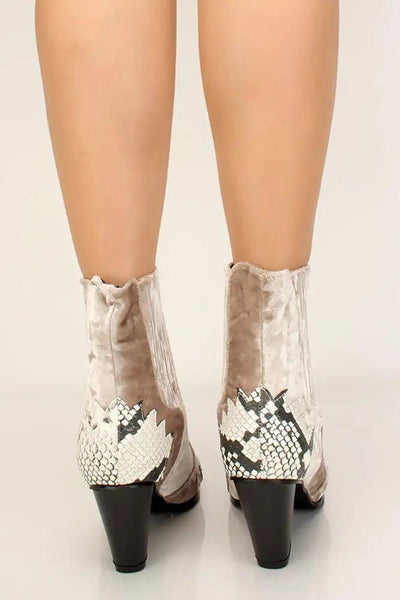 Snake Print Velvet Pointy Toe Booties - AMIClubwear