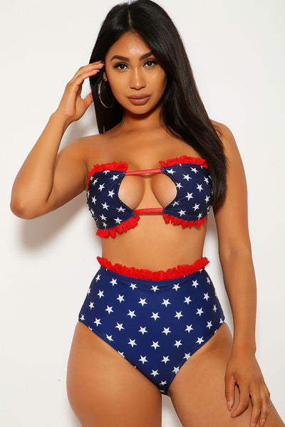 Star Print Red Lace Bandeau Two Piece Swimsuit - AMIClubwear