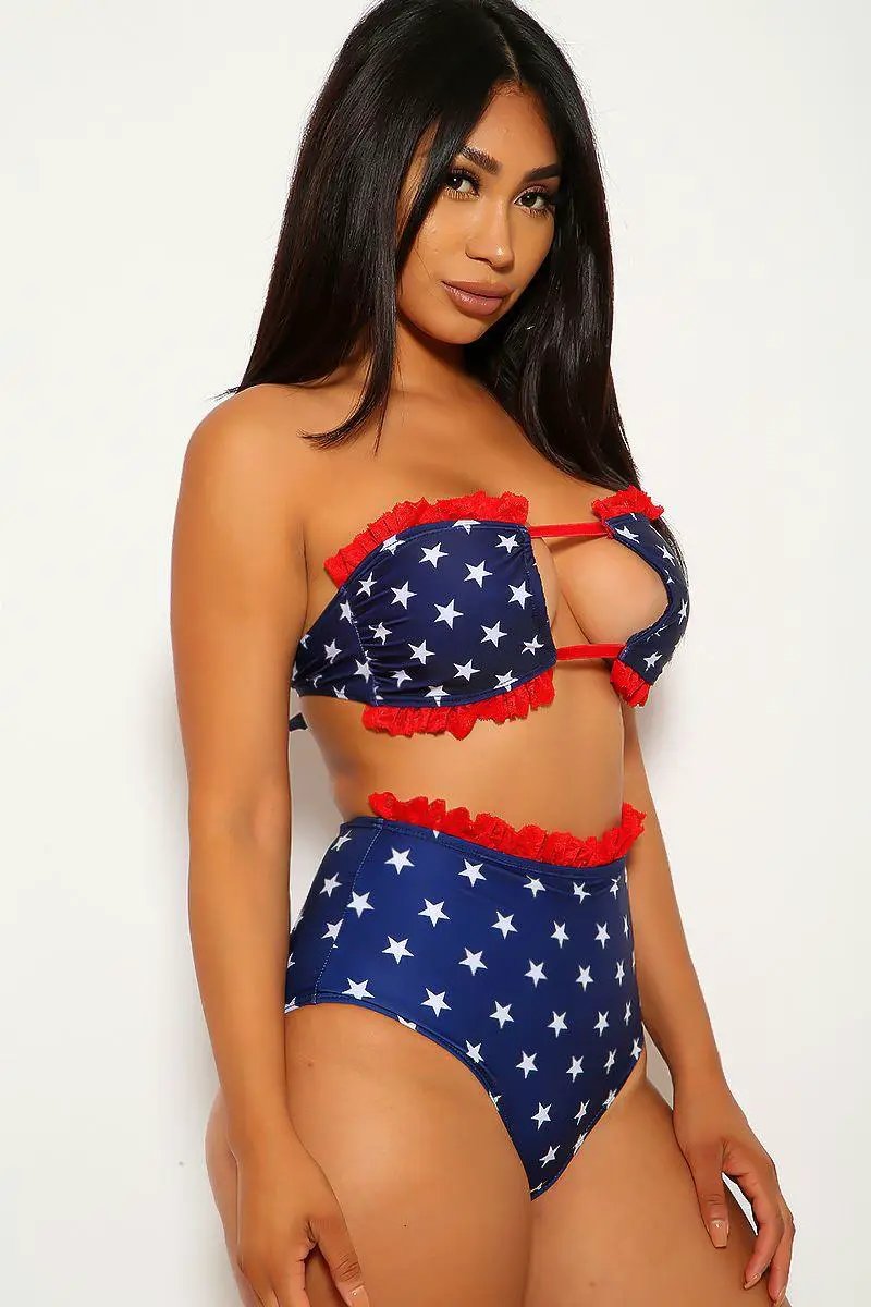 Star Print Red Lace Bandeau Two Piece Swimsuit