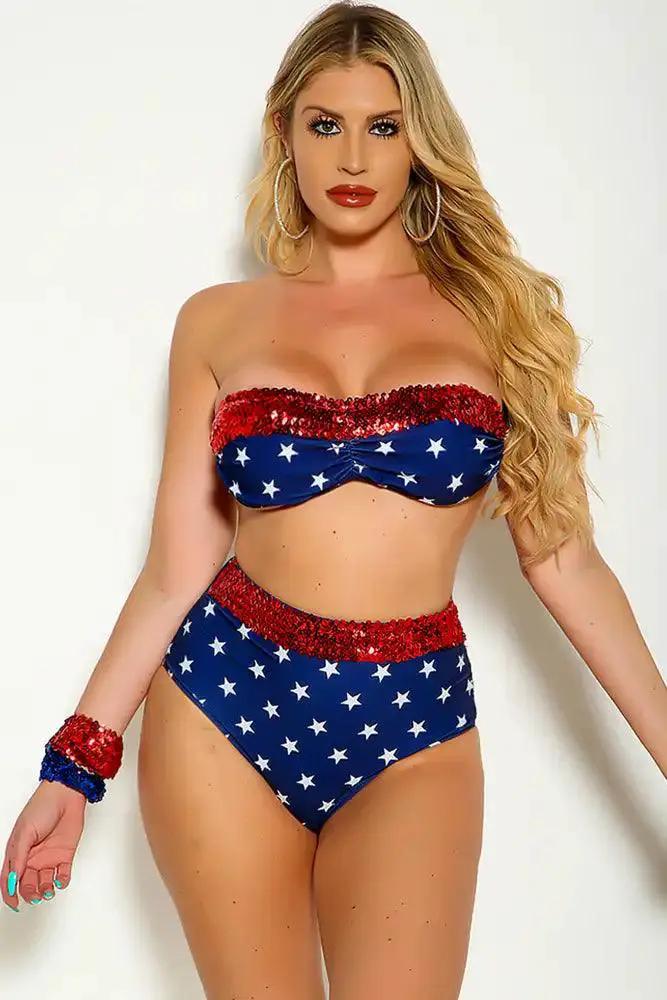Star Print Red Sequins Strapless High Waist Swimsuit