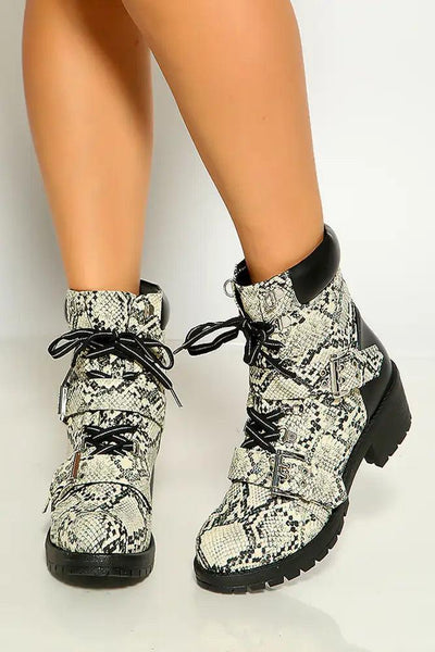 Stone Black Snake Print Lace Up Side Buckle Strap Detail Combat Boots - AMIClubwear