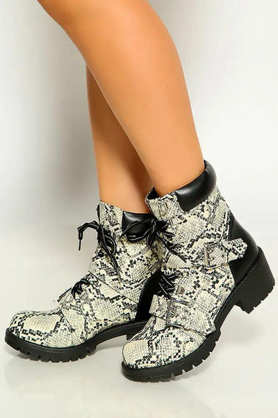 Stone Black Snake Print Lace Up Side Buckle Strap Detail Combat Boots - AMIClubwear