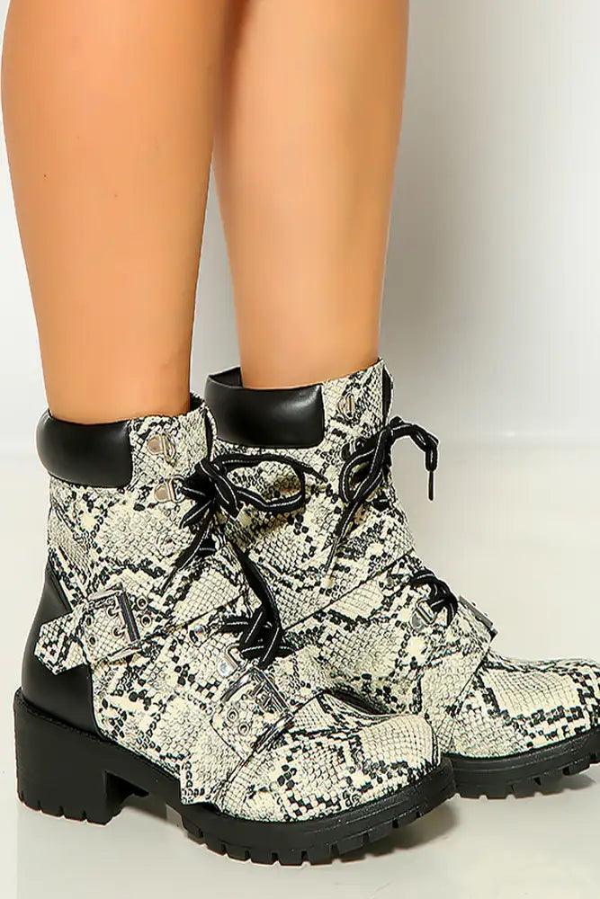 Stone Black Snake Print Lace Up Side Buckle Strap Detail Combat Boots - AMIClubwear