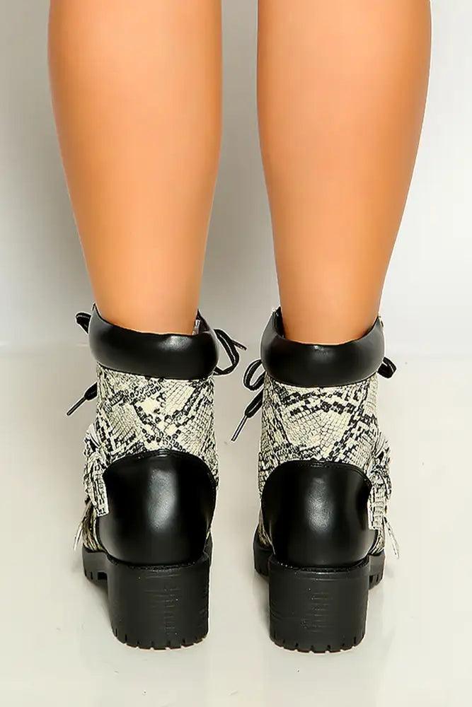 Stone Black Snake Print Lace Up Side Buckle Strap Detail Combat Boots - AMIClubwear