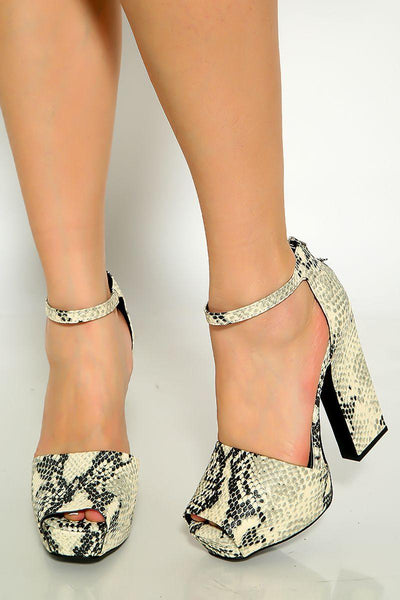 Stone Black Snake Print Peep Toe  Platform Chunky High Heels - AMIClubwear