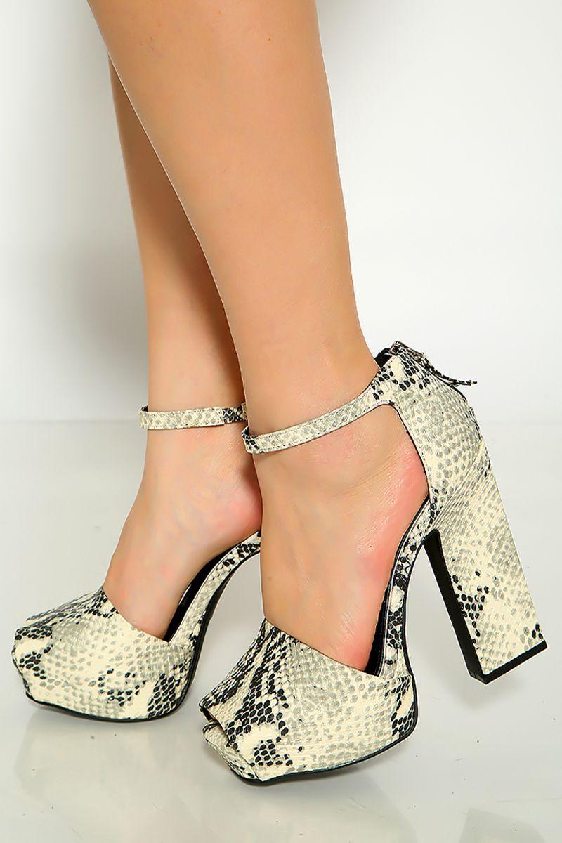 Stone Black Snake Print Peep Toe  Platform Chunky High Heels - AMIClubwear