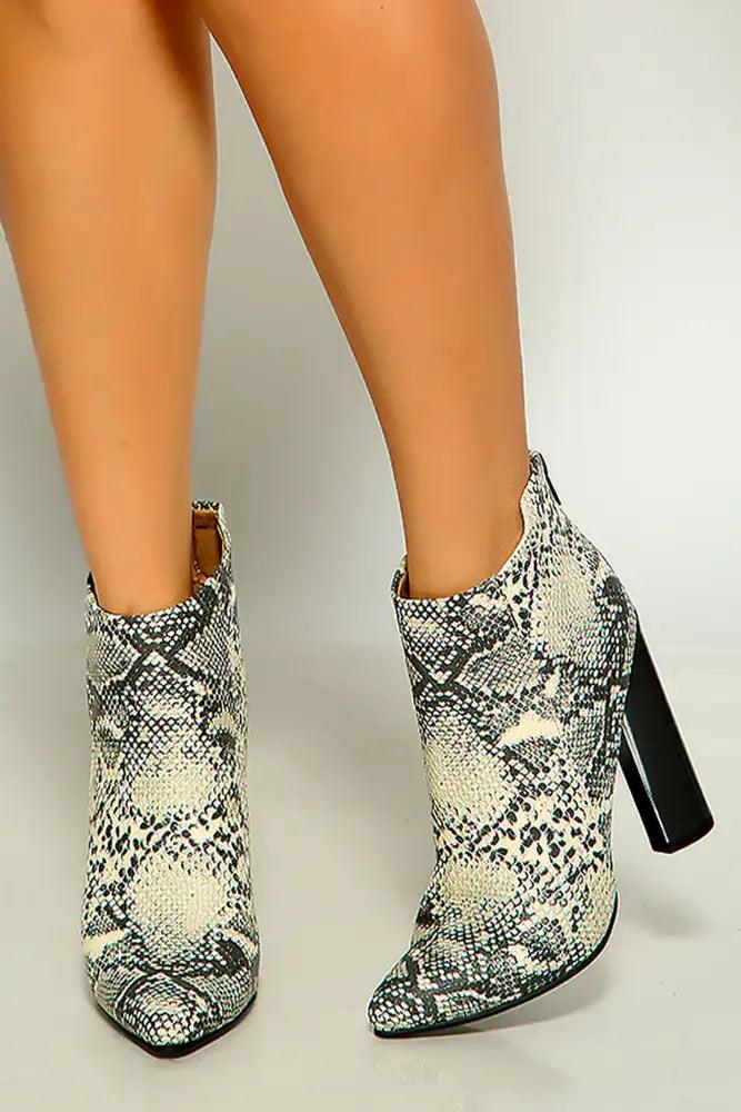 Stone Black Snake Print Pointy Toe Chunky High Heel Booties - AMIClubwear