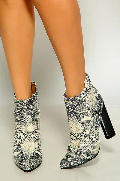 Stone Black Snake Print Pointy Toe Chunky High Heel Booties - AMIClubwear