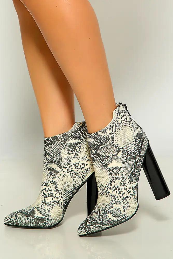 Stone Black Snake Print Pointy Toe Chunky High Heel Booties - AMIClubwear