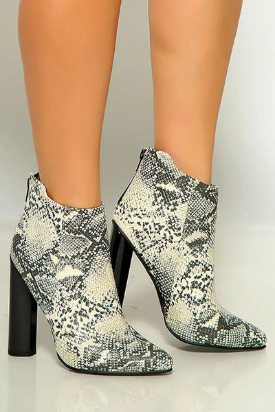 Stone Black Snake Print Pointy Toe Chunky High Heel Booties - AMIClubwear