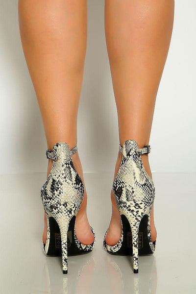 Stone Black Snake Print Pointy Toe Front Buckle Detail Ankle Strap High Heels - AMIClubwear