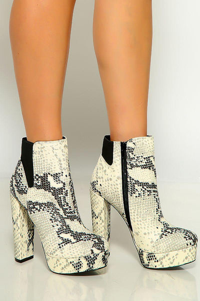 Stone Black Snake Print Round Toe Chunky Platform High Heel Booties - AMIClubwear
