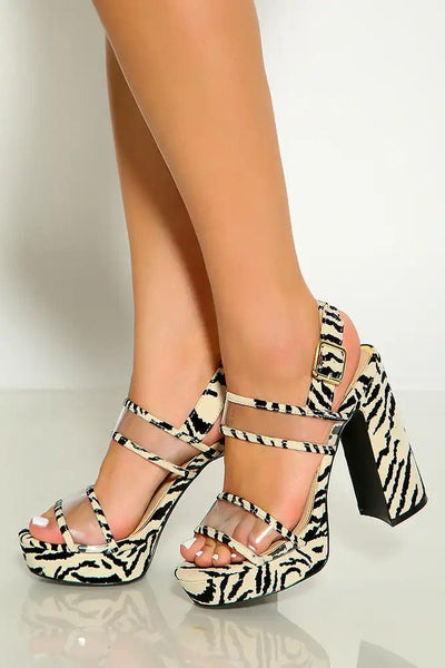 Stone Black Zebra Print Peep Toe Clear Strap Chunky High Heels - AMIClubwear