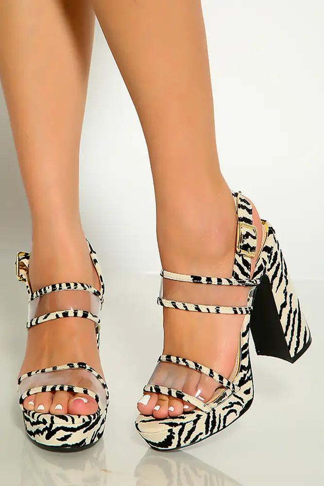 Stone Black Zebra Print Peep Toe Clear Strap Chunky High Heels - AMIClubwear